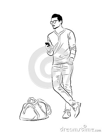 Vector linear illustration of a young man with bag. Picture of a waiting man with a phone. Vector Illustration